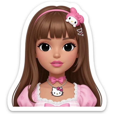 my melody hairclip, Doll faced shaped, hello kitty necklace, bimbo, black doll eyes, Big lips barbie, long dark brown skin with honey brown hair, bimbocore outfit sticker