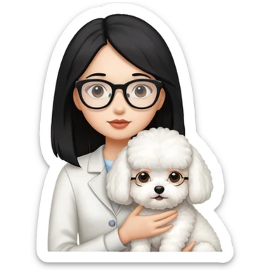 Girl with long black hair and glasses holding a white Bichon Frise dog sticker