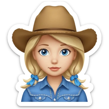Create a girl emoji that has blonde hair, is white, has a cowboy hat on and blue eyee sticker