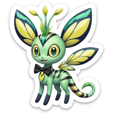 zig-zag-patterned tribal tropical hot spotted striped Meloetta-Celebi-Giratina-Noibat-Pokémon-Fakémon-fusion-hybrid-creature with a bow tie sticker