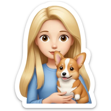 girl with long striaght blond hair hold a corgi sticker