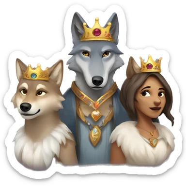 Wolf-mother and wolf-father, two small wolf in the middle one wearing a crown sticker