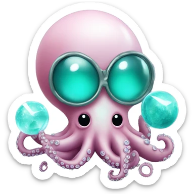 Turquoise cute little octopus with a clinical mask a crystal ball sticker