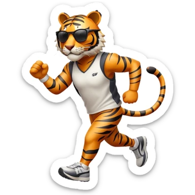 energetic anthropomorphised tiger in sports clothes, wearing dark sunglasses, walking upright, dynamic pose sticker