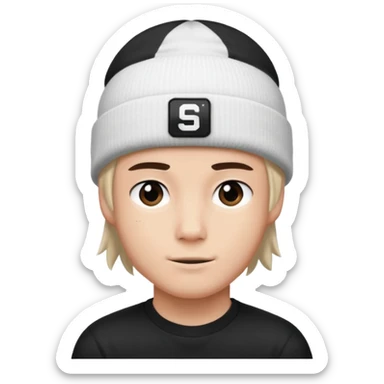 luca wearing a white beanie with a black square logo that says "Steven" on it
 sticker