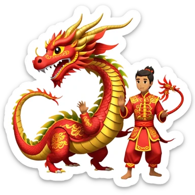 Cinematic Realistic scene of two performers guiding an elaborately designed dragon costume during a Dragon Dance, with vivid traditional patterns and dynamic motion, set under festive, red-tinged lighting sticker