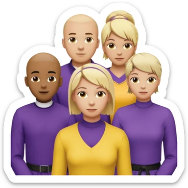 5 person team; 2 men and 3 women.  All dressed in yellow or purple.  1 caucasian woman with blonde mid length hair. 1 caucasian woman with blonde short length hair. 1 caucasian woman has ash blonde hair tied up. 1 man is African-american and bald, 1 man is caucasian and very little hair left.  
 sticker