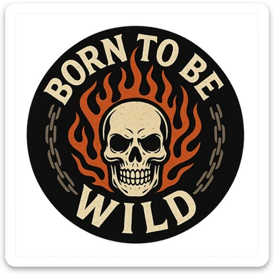 circular motorcycle cap design with transparent background, text 'Born to be wild', motif: skull, chain, flame, cool style sticker