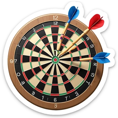 A dartboard with darts firmly stuck in the bullseye, surrounded by the colorful sections of the target. The background conveys a competitive atmosphere, with a subtle focus on precision and skill in the game of darts. sticker