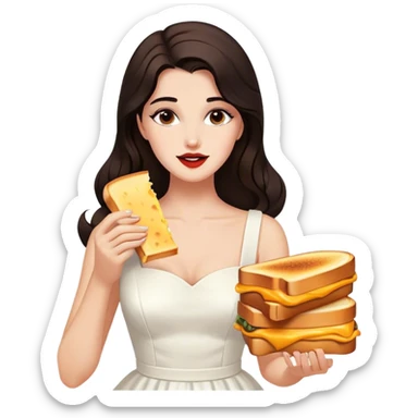 Beautiful woman in 1950’s woman fashion look, white dress, long dark brown hair, grilled cheese sandwiche sticker