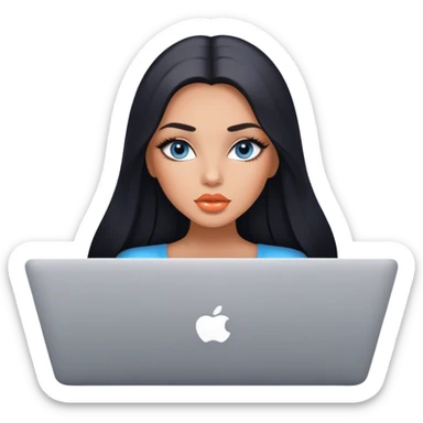 Glamours, tanned, very beautiful girl, with big pump peach lips, black straight smooth silky long hair, straight parting, blue-grey eyes with MacBook sticker