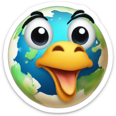 planet Earth with a cartoon grinning chicken face with big eyes sticker