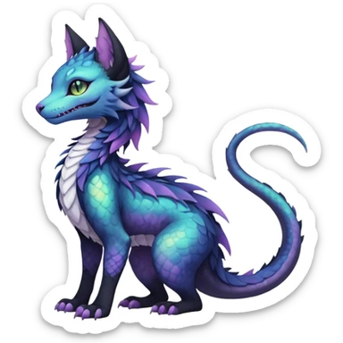 Kawaii black pastel iridescent beautiful pretty elegant divine edgy fantasy feline-vernid-sergal-Haku-dragon-fursona animal creature, full body with intricate markings  sticker
