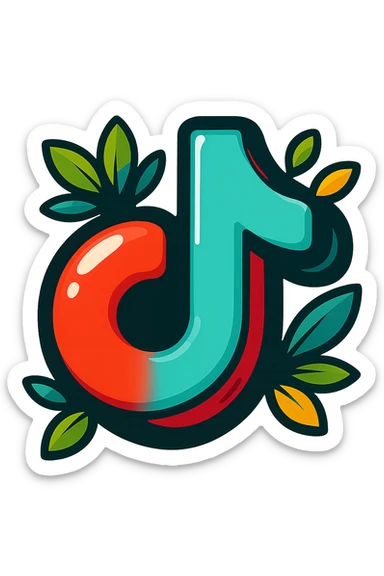 Chunky, soft, and glossy TikTok logo, cartoon style, bold outline, strong shadows, bright highlights, decorated with colorful leaves, no background. Extra attention to contours and shine, in the style of the reference image. sticker