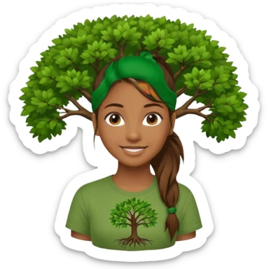 Make a zumba coach emoji, brown eyes, brown hair girl, green shirt withe "the roots" on it, longer pony tail hair, add the tree logo for the roots sticker