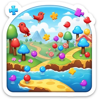 An icon representing a casual game, inspired by titles like Candy Crush. The design features colorful puzzle pieces, bouncing birds, and characters running through dynamic landscapes. Vibrant HUD elements like scores and power-ups highlight the playful. Transparent background sticker