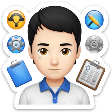 engineer wearing white polo, black hair with site/eng materials on the bg sticker