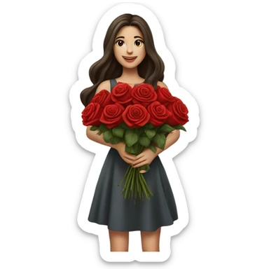 girl with beautiful long hair brunette in her hands a huge bouquet of red roses sticker