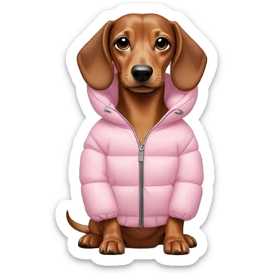 Dashchund wearing a light pink puffer jacket  sticker