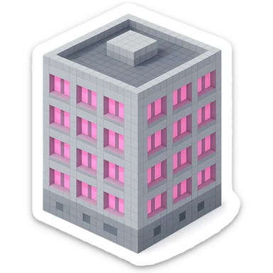 Russian panel apartment building, square block shape, light gray concrete, windows glowing pink, isometric view sticker