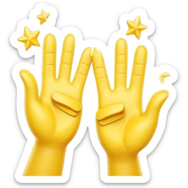 A 3D digital emoji of two yellow cartoon hands doing a joyful high five, palms clapping together in the air, with bright sparkles and motion lines to show excitement and celebration, Apple emoji style sticker