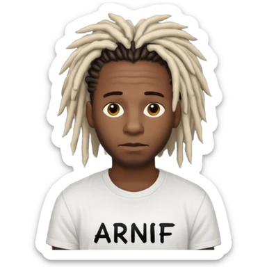 black guy wearing a white shirt saying ARNF in black text in the middle chest while having dreads sticker