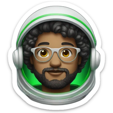 Light skin Man with black short curly hear and beard and glasses wearing a green and white astronaut suit sticker