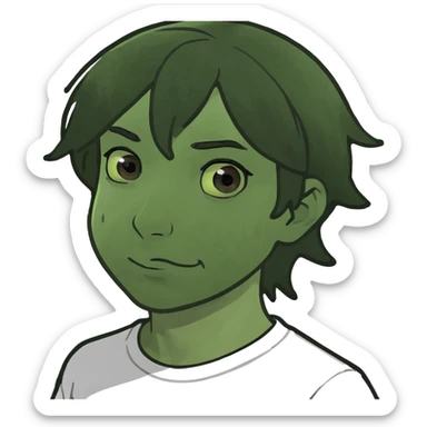 A boy with black hair brown eyes and white T-shirt white skined sticker