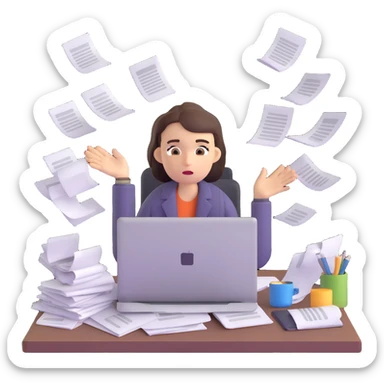 tired woman at a desk with a MacBook, surrounded by messy papers, emphasizing disorganization sticker
