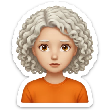 curly white  hair woman in orange shirt no smile sticker
