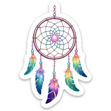 Iridescent pastel rainbow colorful transparent bright light luminescent dream-catcher hanging from an iridescent chain sticker