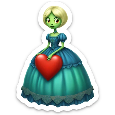 "galora green blonde alien woman" in blue Victorian dress elegant, full body, holdig red big hearth sticker