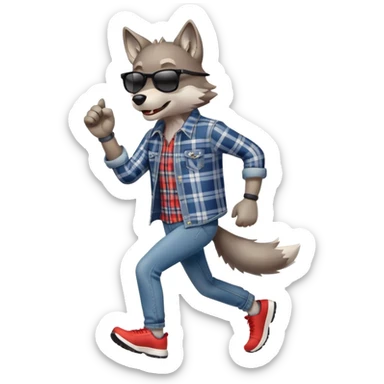 friendly anthropomorphised wolf in jeans and plaid shirt, wearing dark sunglasses, jogging upright in standard pose sticker