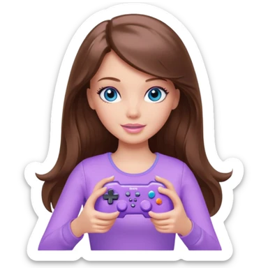 beautiful barbie girl with long brown hair, blue eyes and wearing light purple clothes playing console games with controller sticker