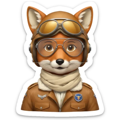 renard aviateur, casque en cuir, écharpe blanche, lunettes "climax" sur le casque au dessus des yeux, blouson aviateur sticker