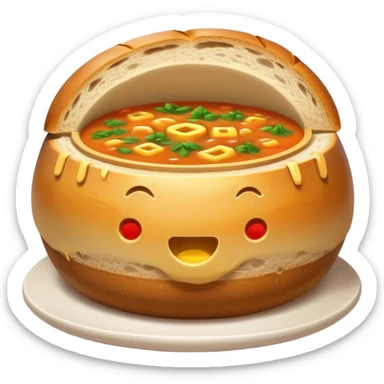 Żurek Cinematic Realistic Żurek Soup Dish Emoji, depicted as a tangy rye soup served inside a hollowed-out round loaf of bread, rendered with rich textures and dynamic, comforting lighting. sticker