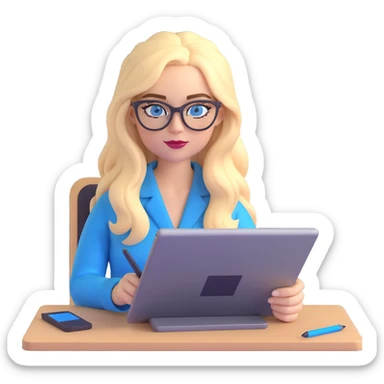 a blonde woman with long hair and blue eyes wearing black cat-eye glasses, working on a graphic tablet sticker