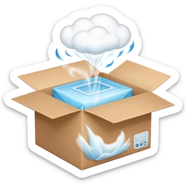 Generate a realistic emoji-style icon of the an open package which is empty and air is coming out of it. Out of the package steam or air is coming out of it  sticker
