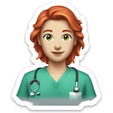 white skin bright red hair green eyes blue scrubs sticker
