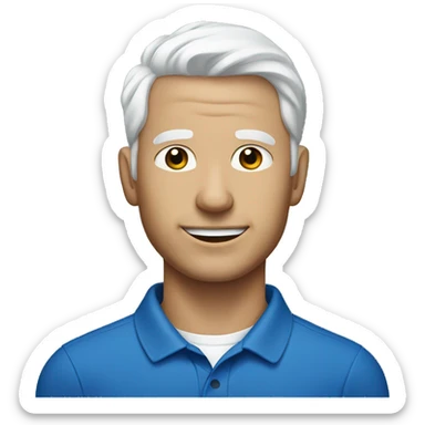 Fit man with white hair, no facial hair and wearing a blue polo shirt sticker