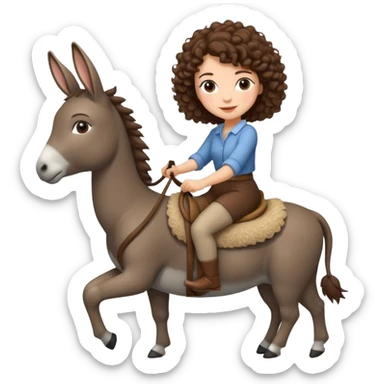 cute woman short tight curly brown hair riding an gentle donkey sticker