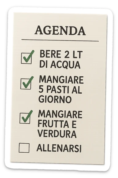 FOGLIO DI AGENDA CON SCRITTO:
BERE 2 LT DI ACQUA
MANGIARE 5 PASTI AL GIORNO
MANGIARE FRUTTA E VERDURA
ALLENARSI, 

METTI QUALCHE SPUNTA VERDE SULLE ATTIVITò CHE SONO GIà STATE SVOLTE, iperrealistico 4k sticker