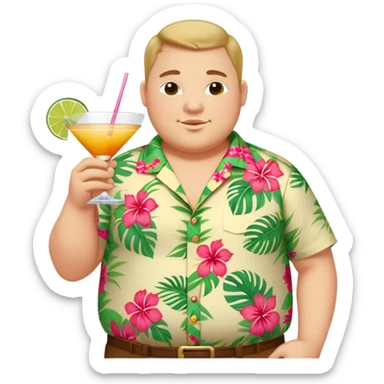 chubby guy full figure in a flowered hawai shirt holding a cocktail sticker