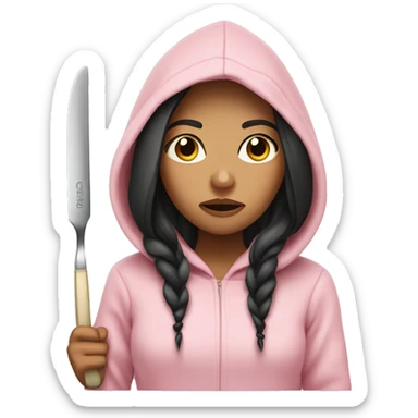 Girl with long dark hair in a light pink hoodie with a serious face holding a butter knife sticker