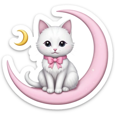 white cat with pink bow sitting on crescent moon sticker