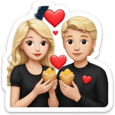 Couple with blonde hair wearing black eating chick filet hearts and outer space in the background. The girl has long wavy hair . sticker