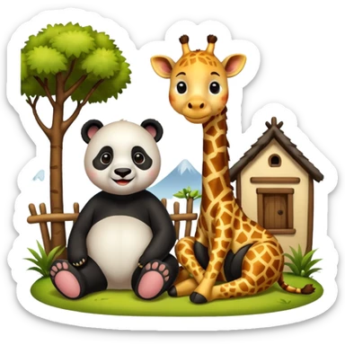 giraffe and panda sitting in a village sticker