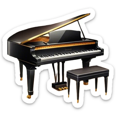 Icon for 50s American Musical Theater: a retro stage with a grand piano, vintage musical notes, neon lights, theatrical curtains, and a microphone. The design should evoke the vibrant, classic atmosphere of a 1950s musical. Transparent background. sticker