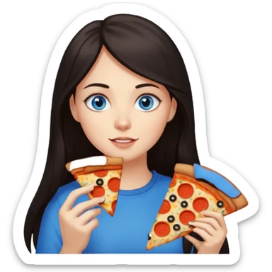 Woman with long dark hair and blue eyes eating pizza  sticker