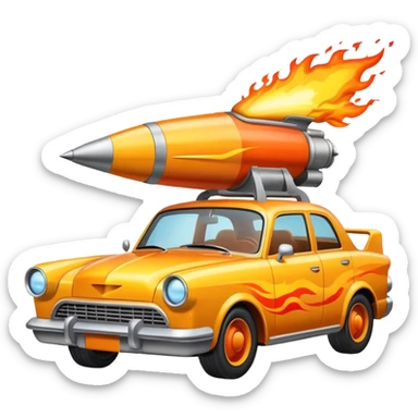 car with a rocket engine on the trunk with fire coming out of it sticker